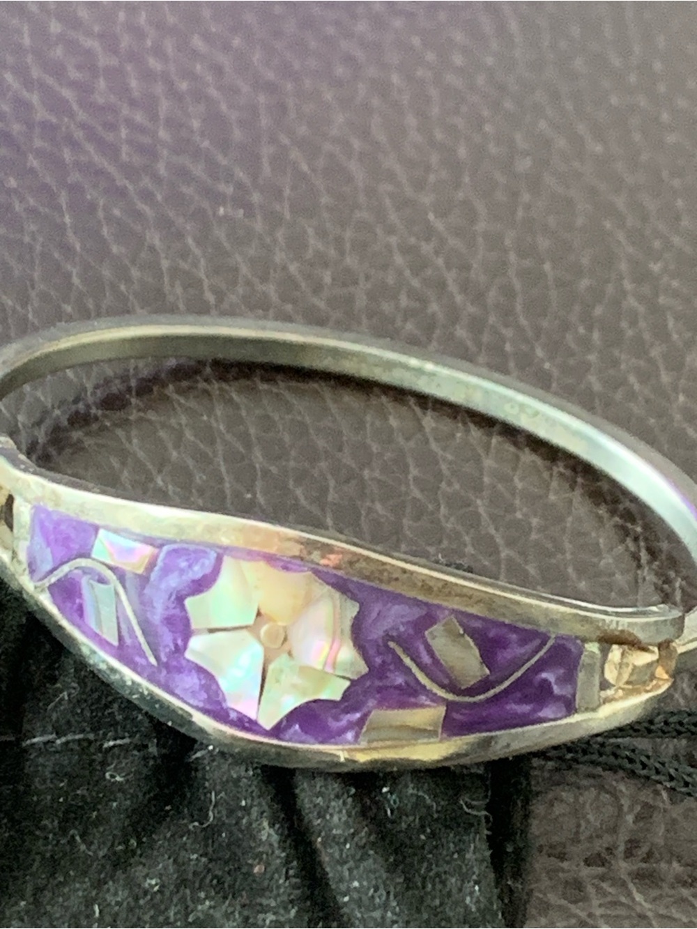 Vintage Mexico Sterling Silver Bracelet Purple Enamel Silver Flower Abalone